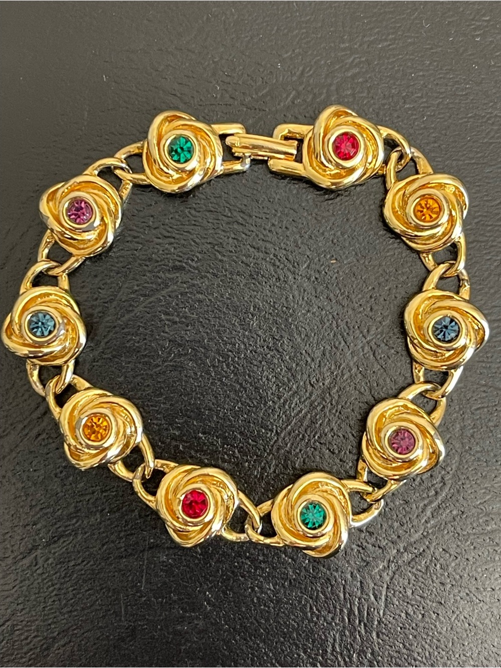 Vintage Gold-Tone Multicolor rhinestone rose flower Link Bracelet